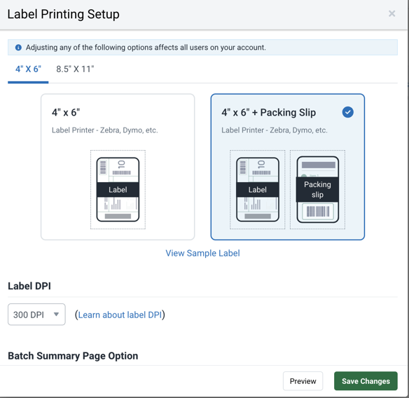 Label Printing Setup. Shipping Label Formats. 4 by 6 selected. Preview shows labels in landscape layout.