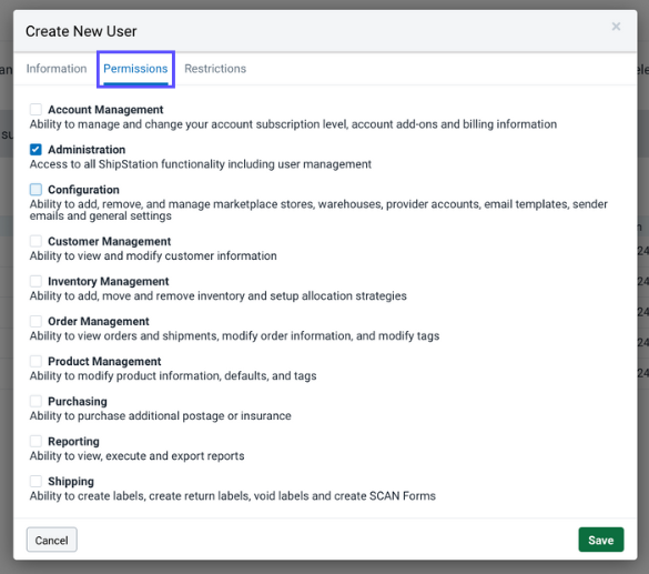 Edit User pop-up. Red box highlights Permissions tab. Checkbox list of permissions follows.