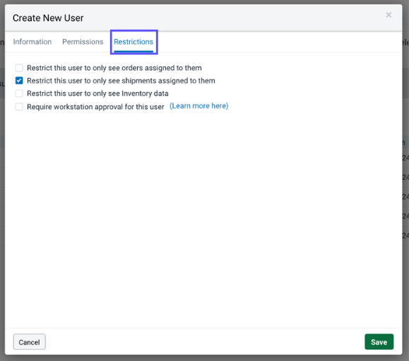 Edit User Pop-up with the Restrictions tab highlighted.