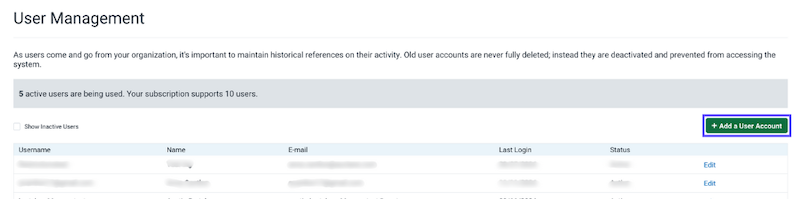 User Management. Red box highlights the + Add a User Account button