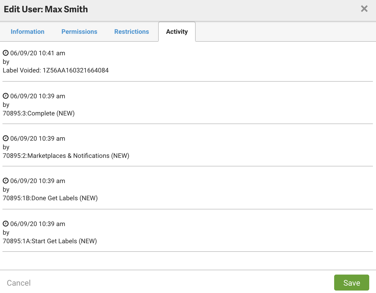 Edit user: Activity tab. Shows log in dates and times for that user.