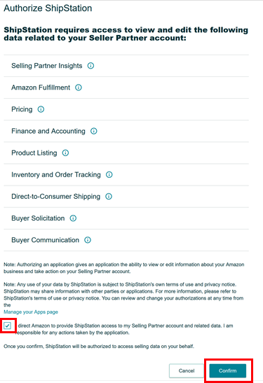 Amazon Authorize ShipStation window with Confirm button selected.