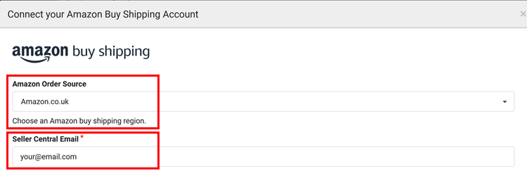 Amazon Buy Shipping API connection screen with region and developer details outlined.