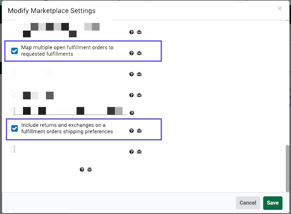 2 settings shown marked: Map multiple open fulfillment orders, & Include returns & exchanges
