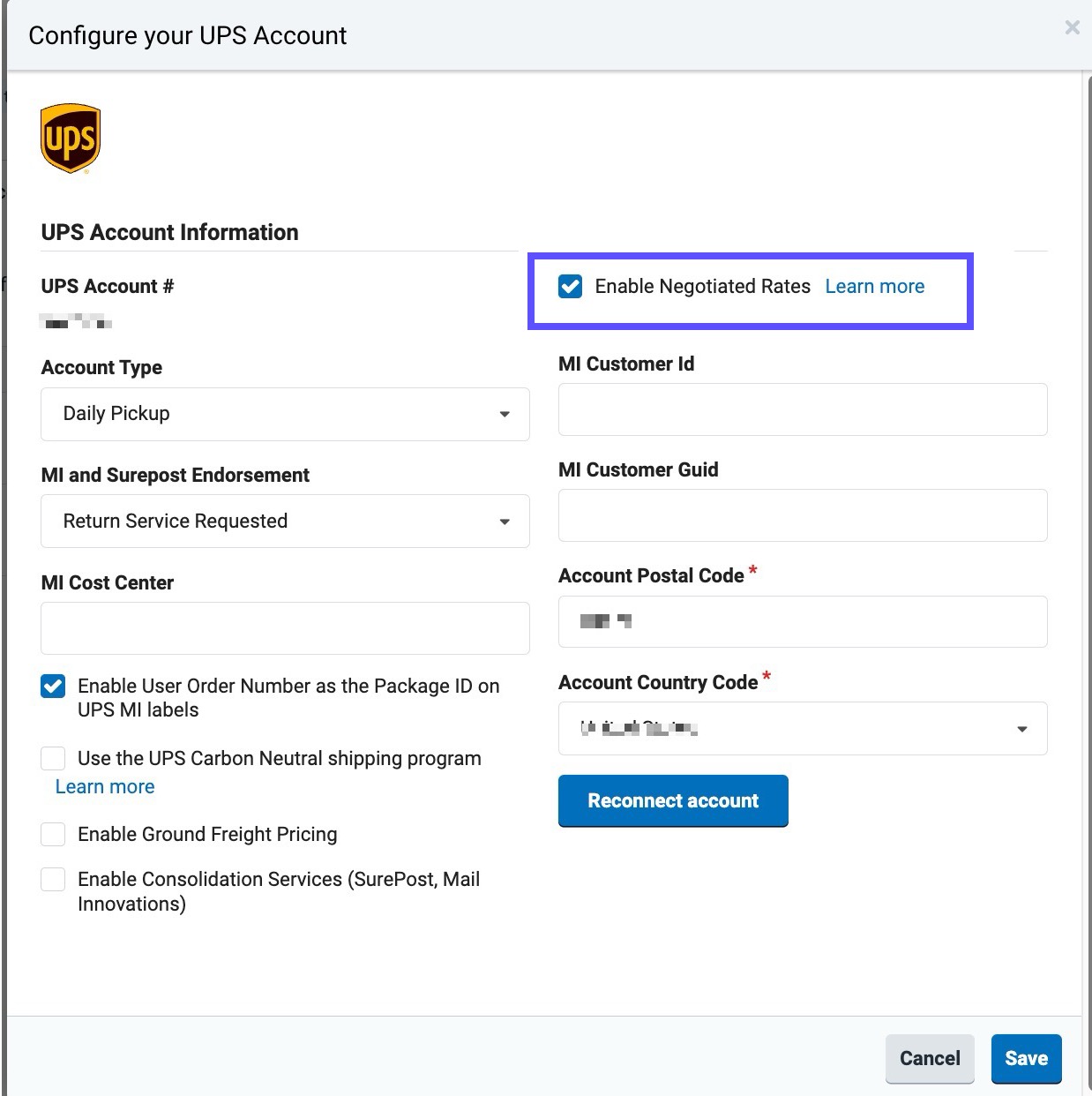 Configure UPS Account popup. Box on Enable Negotiated Rates checkbox