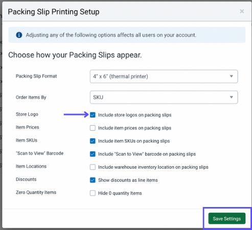 Packing Slip Setup popup. Format, Order Items by, Store Logo, Item Prices, Item SKUs, Scan to View barcode, & Item Locations.