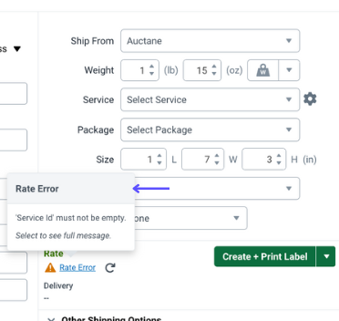 The shipping panel is displayed and the error indicator is displaying an error.