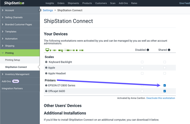 List of available printers shared with ShipStation Connect in Account Settings.