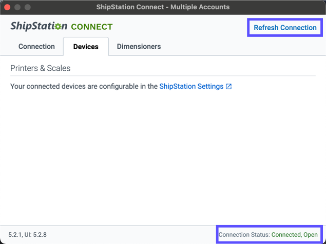 The refresh connection link is highlighted in the ShipStation Connect application. The Connection Status indicator is also highlighted.