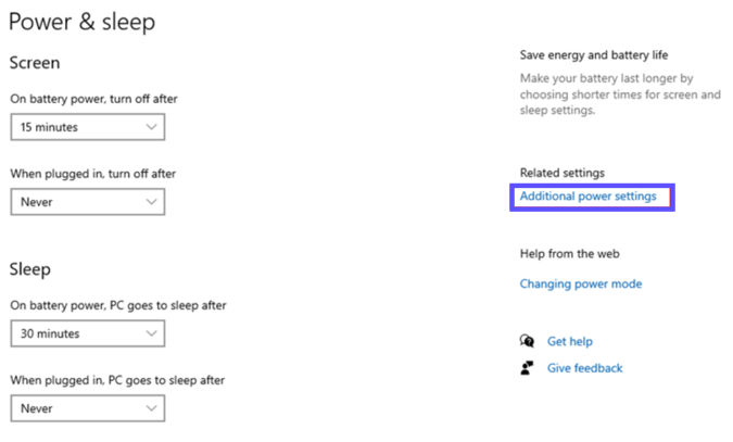 "Additional power settings" link highlighted on Windows Power & Sleep settings page.
