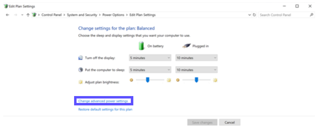 Windows Power Options settings open to Change Settings for Plan screen. "Change advanced power settings" link highlighted.