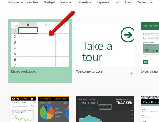 Excel Blank Workbook option selected with red arrow pointing to it.