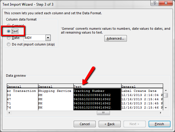 Excel Text Import Wizard pop-up with Text option selected for column data format. Red arrow points to highlighted Text column