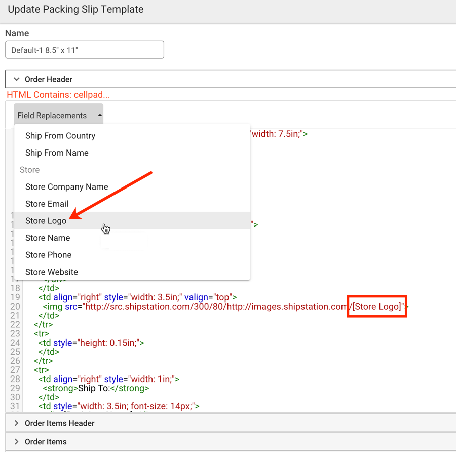 Packing slip template editor with the Store Logo field replacement highlighted in the HTML code and field replacement menu
