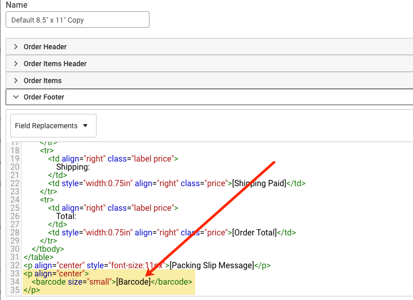 Barcode HTML highlighted in Order Footer section of template