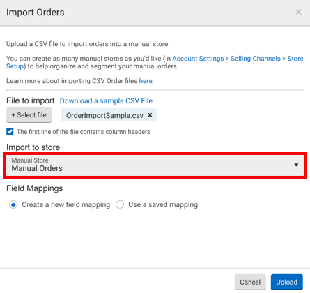 CSV Import Orders pop-up. Red box highlights the Import to Store dropdown