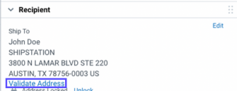 Validate Address link highlighted beneath Recipient Address in Order Details window.