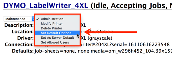 CUPS-Verwaltung Dropdown-Menü mit der Option „Standardoptionen festlegen“.