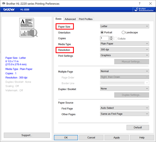 La configuración de Preferencias de impresión de Windows se abre en la pestaña Básico, con Tamaño de página configurado en Carta y Resolución configurada en 300 DPI.