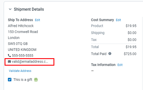 La dirección de correo electrónico está resaltada en el panel de detalles de envío de los detalles del pedido.