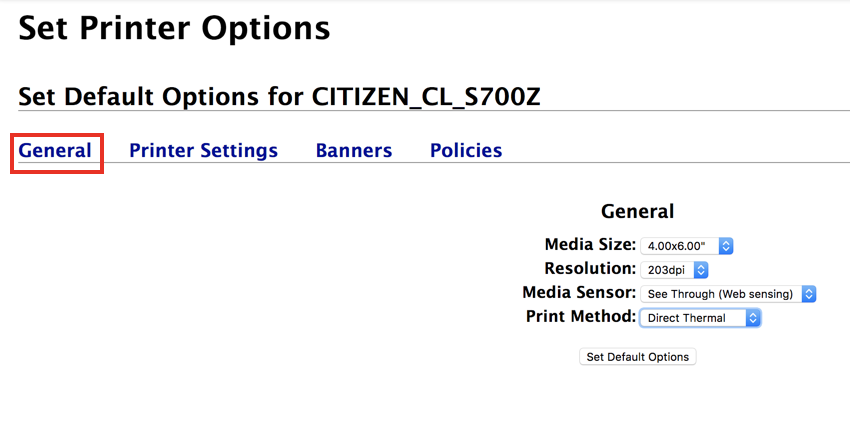 La pestaña General en la pantalla Establecer opciones de impresión de CUPS muestra la configuración predeterminada de la impresora CL S700Z de Citizen.