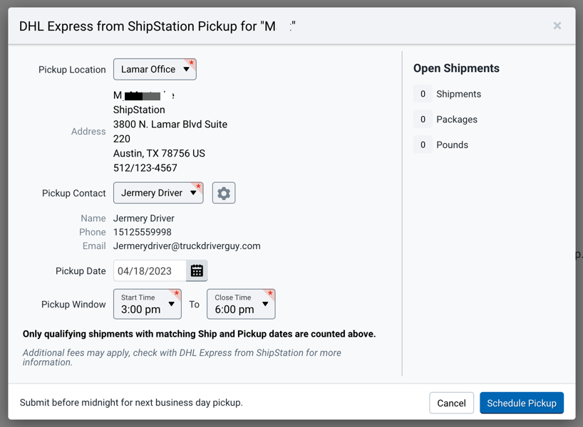 Schedule Pickup Popup. Lists Location, Pickup Contact, Date, and time window.