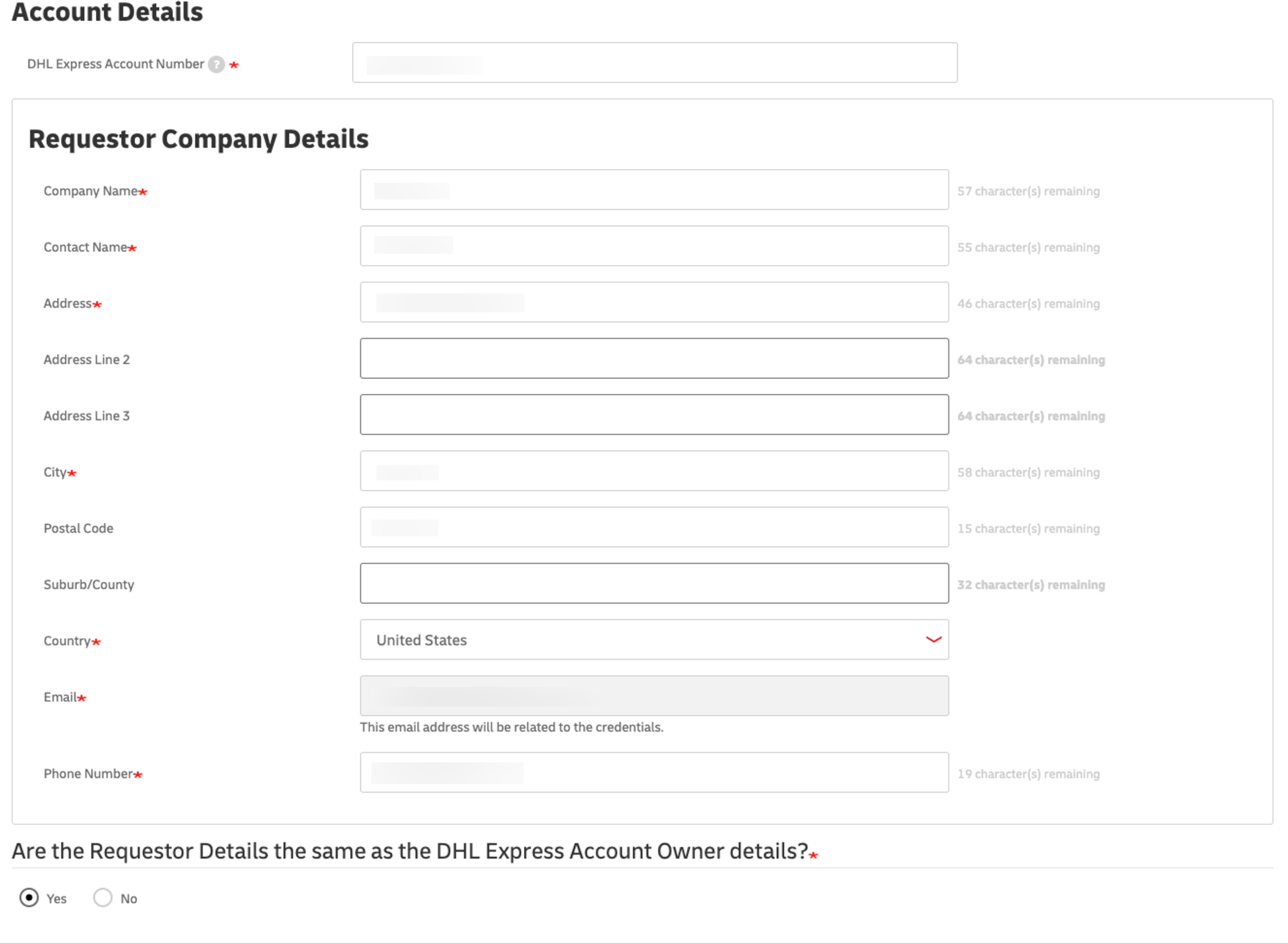 MyDHL API request form with blank fields