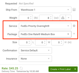 ShipStation konfiguriert das Widget „Sendung“ mit dem Service „FedEx Priority Overnight“ und dem Feld „Paket FedEx One Rate“