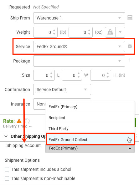In der Versand-Seitenleiste wird „Service“ als „FedEx Ground“ und „Versandkonto“ als „FedEx Ground Collect“ angezeigt.