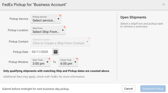 Abholungs-Pop-up von FedEx mit allen Optionen