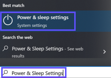 Les paramètres d'alimentation et de mise en veille de Windows sont accessibles à partir de la fonction Rechercher de la barre d'outils du bureau.