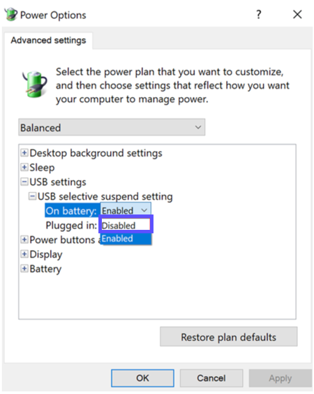 Les paramètres avancés des options d'alimentation de Windows s'ouvrent avec le Paramètre de la suspension sélective USB sur batterie réglé sur désactivé.