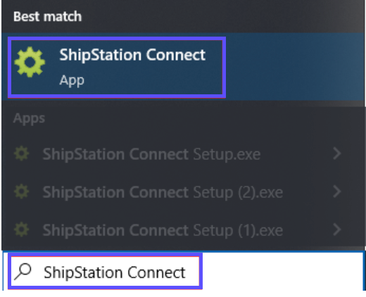 Application ShipStation Connect localisée à partir de la barre de recherche du bureau sous Windows. Cliquez sur la liste des résultats pour lancer.
