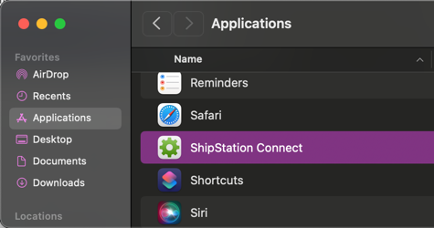 Dossier d'application MAC avec ShipStation Connect encadré en rouge.