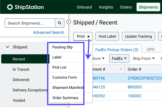 Shipments tab. The Print button menu expanded to show options marked in the dropdown