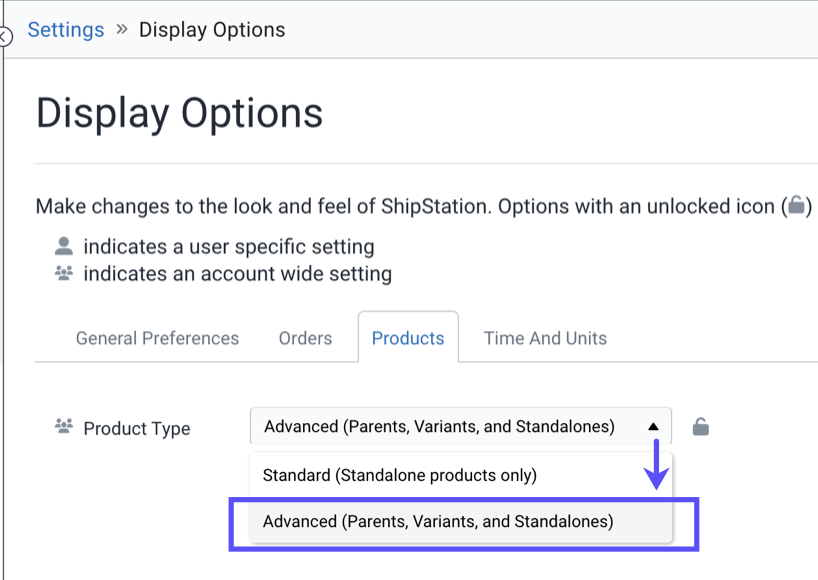 Settings, Account: Display Options. Products tab. Red box highlights Product type: Advanced