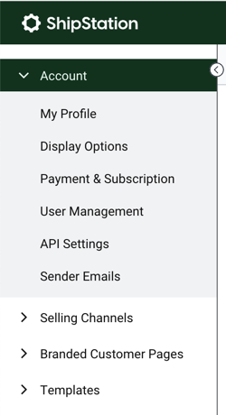 Settings page side nav. Account menu shows: My Profile. Display Options. Payment & Subscription. User Management. & API Settiings