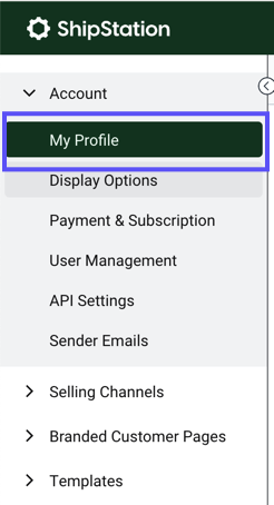 Account settings, side navigation. A box highlights the My-Profile menu option.