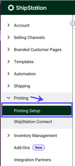 Settings side navigation. Under Printing dropdown, a box highlights the Printing Setup option.