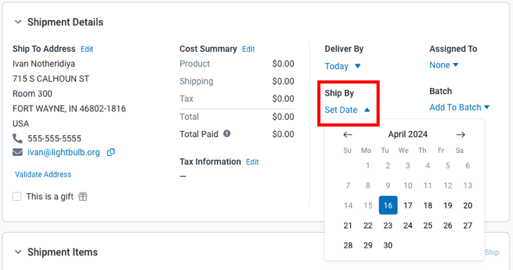 Order Summary in Order Details with Calendar icon for Ship By date and date picker highlighted.