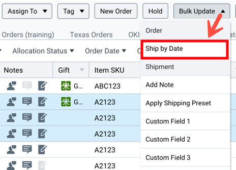 Bulk Update dropdown menu. Selected option = Ship by Date