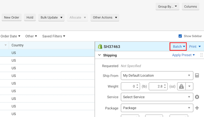 Orders tab, arrow points to Batch option above Shipping Sidebar