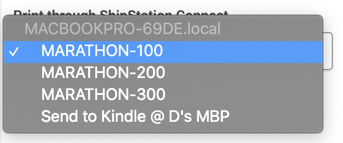 Select Printer pop-up, hand cursor & blue highlight indicates user's printer selection