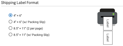 Label Printing Setup, Shipping Label Formats. 4 by 6 selected. Preview shows labels in landscape layout.
