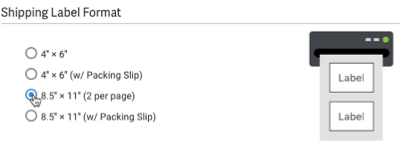 Label Printing Setup, Shipping Label Formats. 8.5 by 11 selected. Preview shows labels in landscape layout.