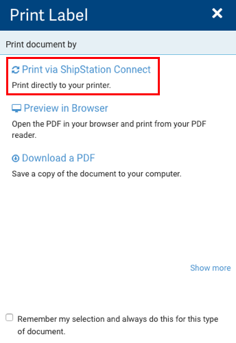 Print Label pop-up: Red box highlights, Print via ShipStation Connect option.