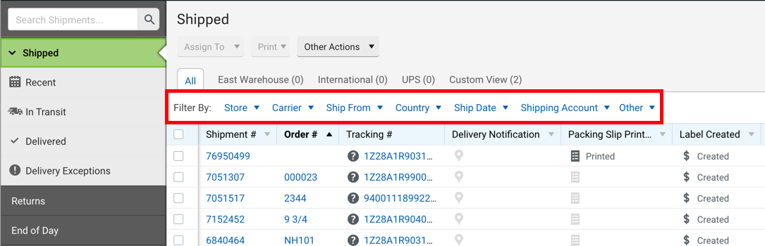 V3 Shipping tab, filter bar outlined in red