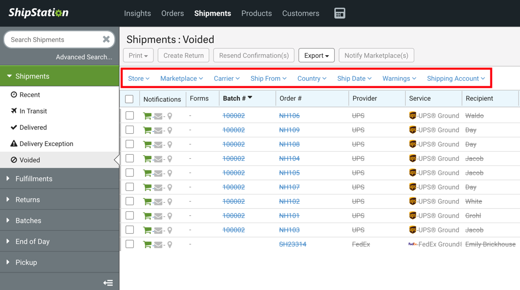 Shipment tab with Filter bar highlighted.