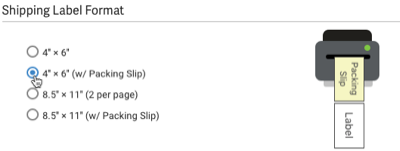 Label Printing Setup, Shipping Label Formats. 4 by 6 selected. Preview shows labels in landscape layout.