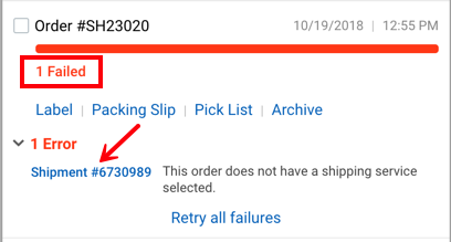 Label Queue. Red box highlights Batch Fail notification, red arrow points to Order number and explanation for failure.